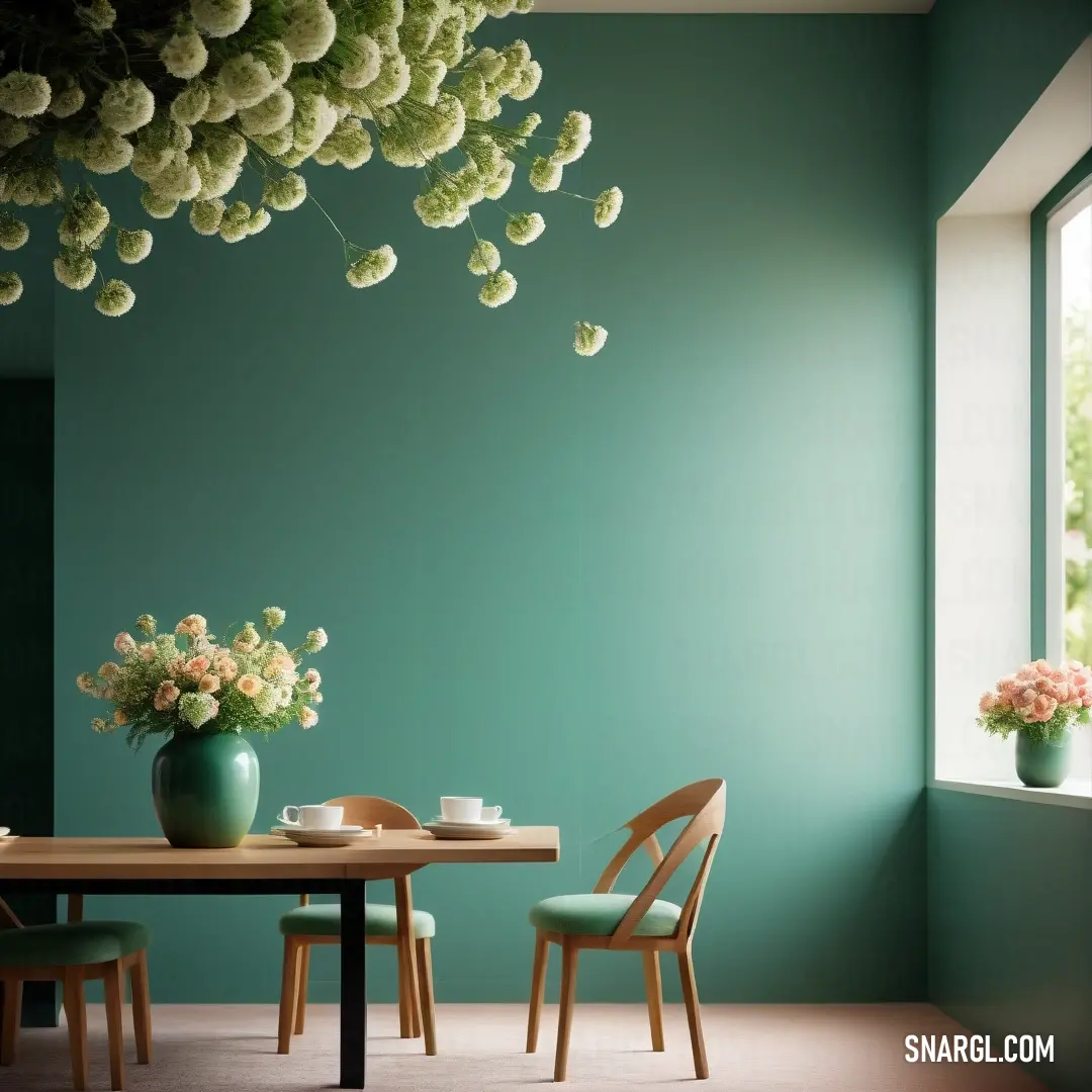 Dining room with a table and chairs and a vase of flowers on the table. Example of Magic mint color.