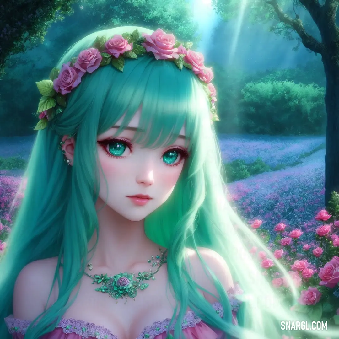 Girl with green hair and blue eyes in a pink dress in a garden with pink flowers and a tree