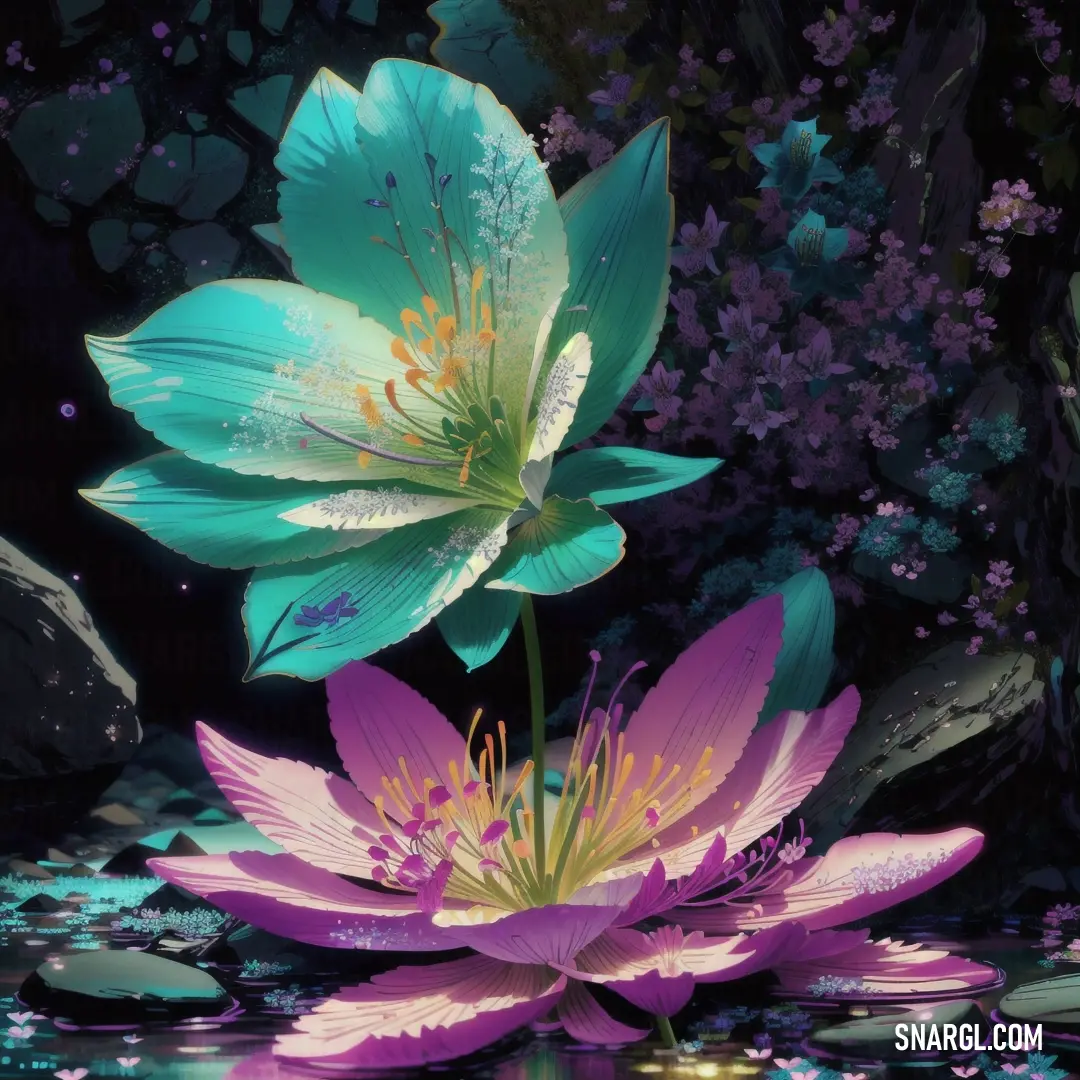 Painting of two flowers in a pond of water with rocks and plants in the background and a blue sky