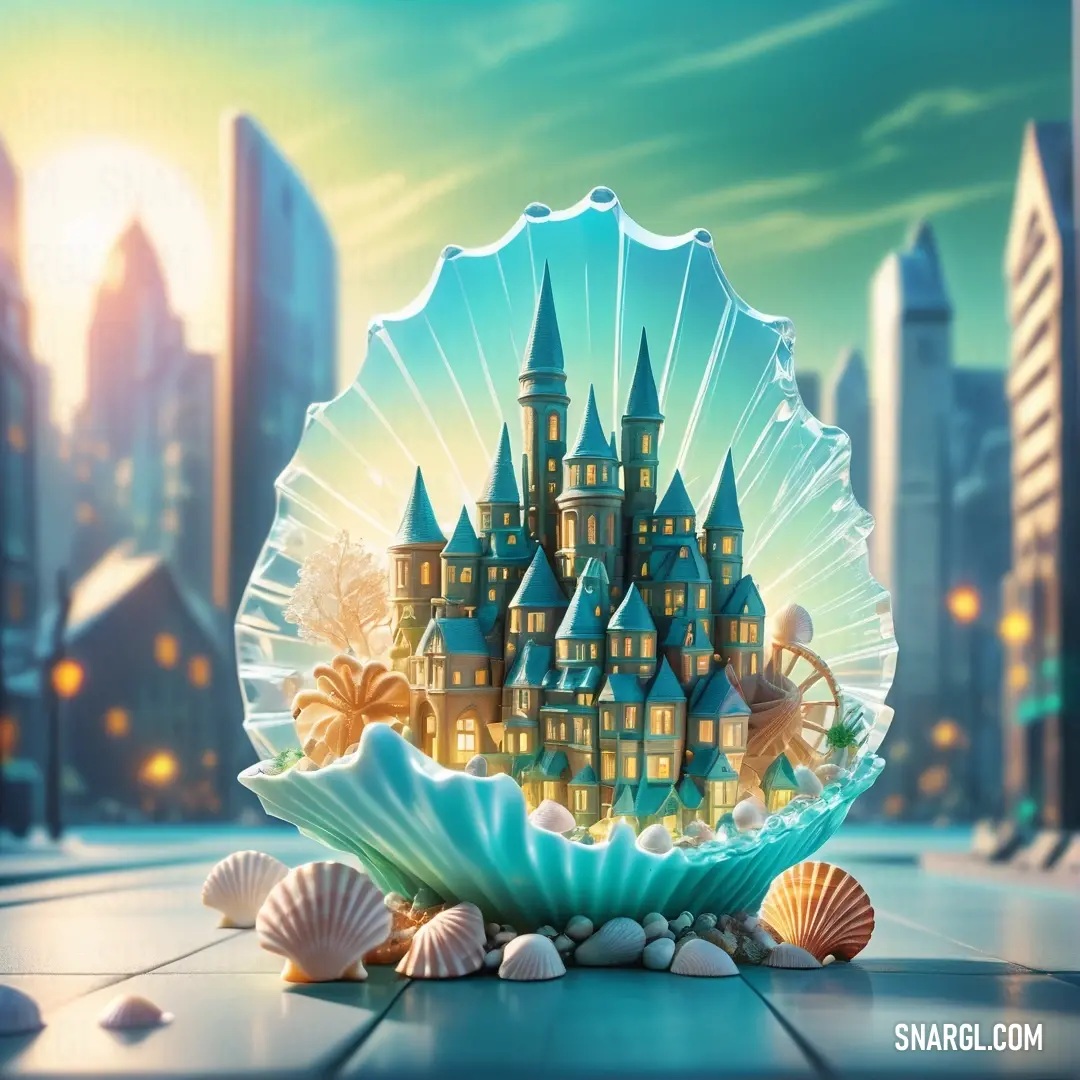 Picture of a castle in a shell with seashells on the ground in front of a city. Example of RGB 170,240,209 color.