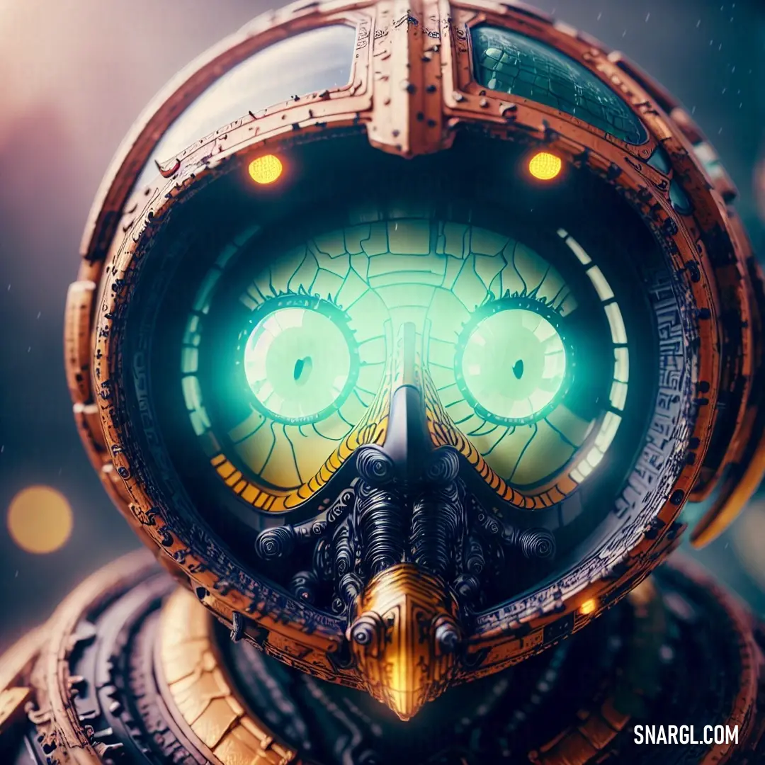 Robot with glowing eyes and a mechanical helmet on his head is shown in a digital painting style