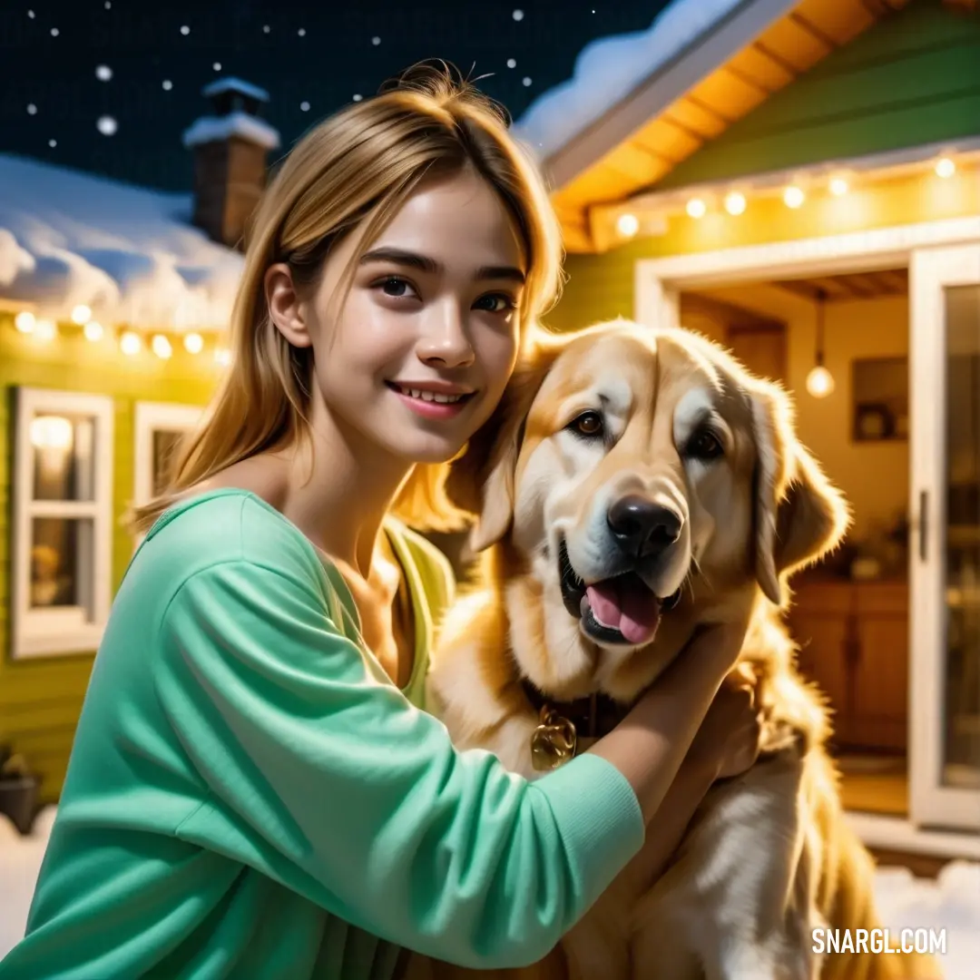 Woman holding a dog in front of a house at night with lights on the roof and a snow covered yard. Example of Magic mint color.
