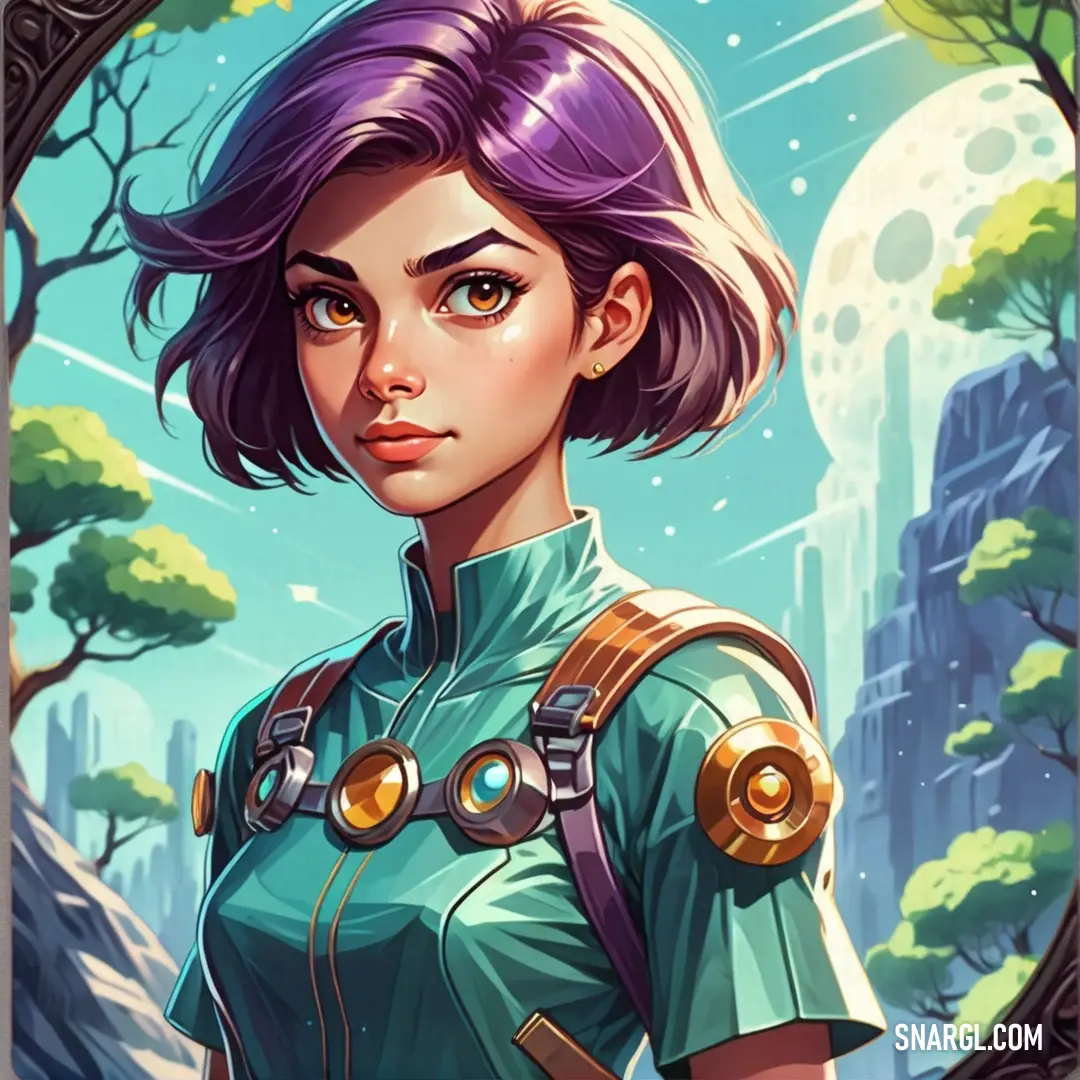 Woman in a green uniform with purple hair and a sci - fi. Example of RGB 170,240,209 color.