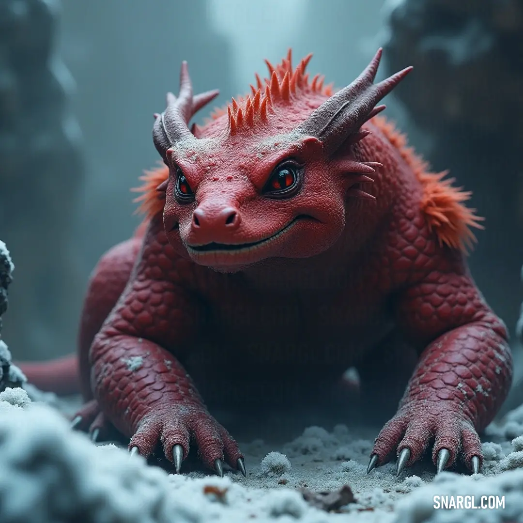 The imposing Red Magmamon emerges from a snow-laden cave, adorned with formidable horns and spikes, a thrilling symbol of survival in a chilling and breathtaking landscape. A fierce Red Magmamon, characterized by its striking horns and spikes, stands amidst snowy rocks within a dark cave, portraying an aura of strength and resilience against an icy backdrop of untamed wilderness.