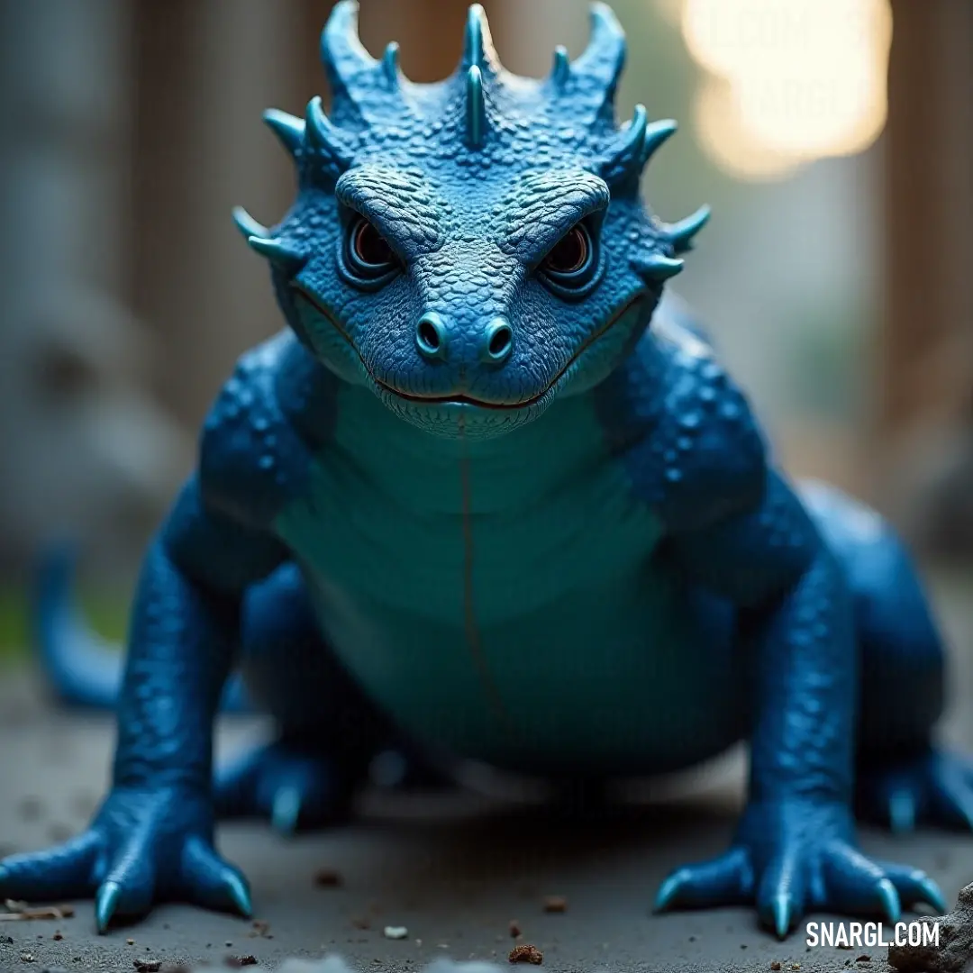 Playful blue toy lizard with a crown, ready for adventure on the ground A playful blue toy lizard, adorned with a whimsical crown, sprawls on the ground, its bright eyes wide open, inviting onlookers to a realm of adventure and fantasy.