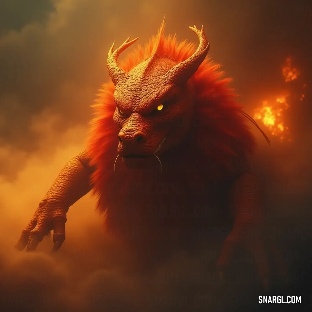 A fierce-looking Demonic Magmatic Salamander with striking red hair and menacing horns stands against a dramatic cloudy backdrop, illuminated by an eerie yellow light, showcasing its power and intensity.