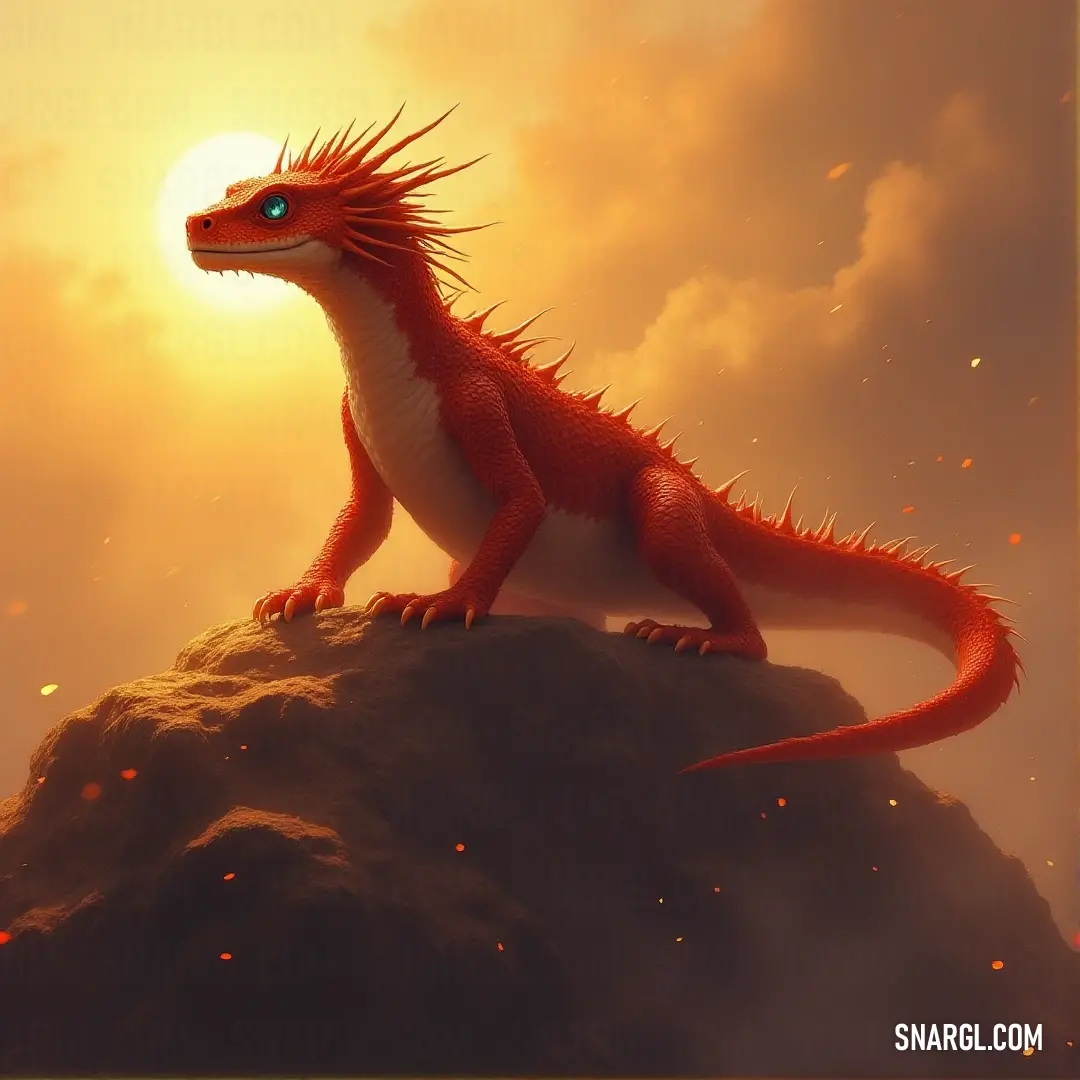 A bold Red Magmatic Salamander perches atop a rocky outcrop, silhouetted against a breathtaking sunset that paints the sky in vibrant hues, evoking a sense of wonder.