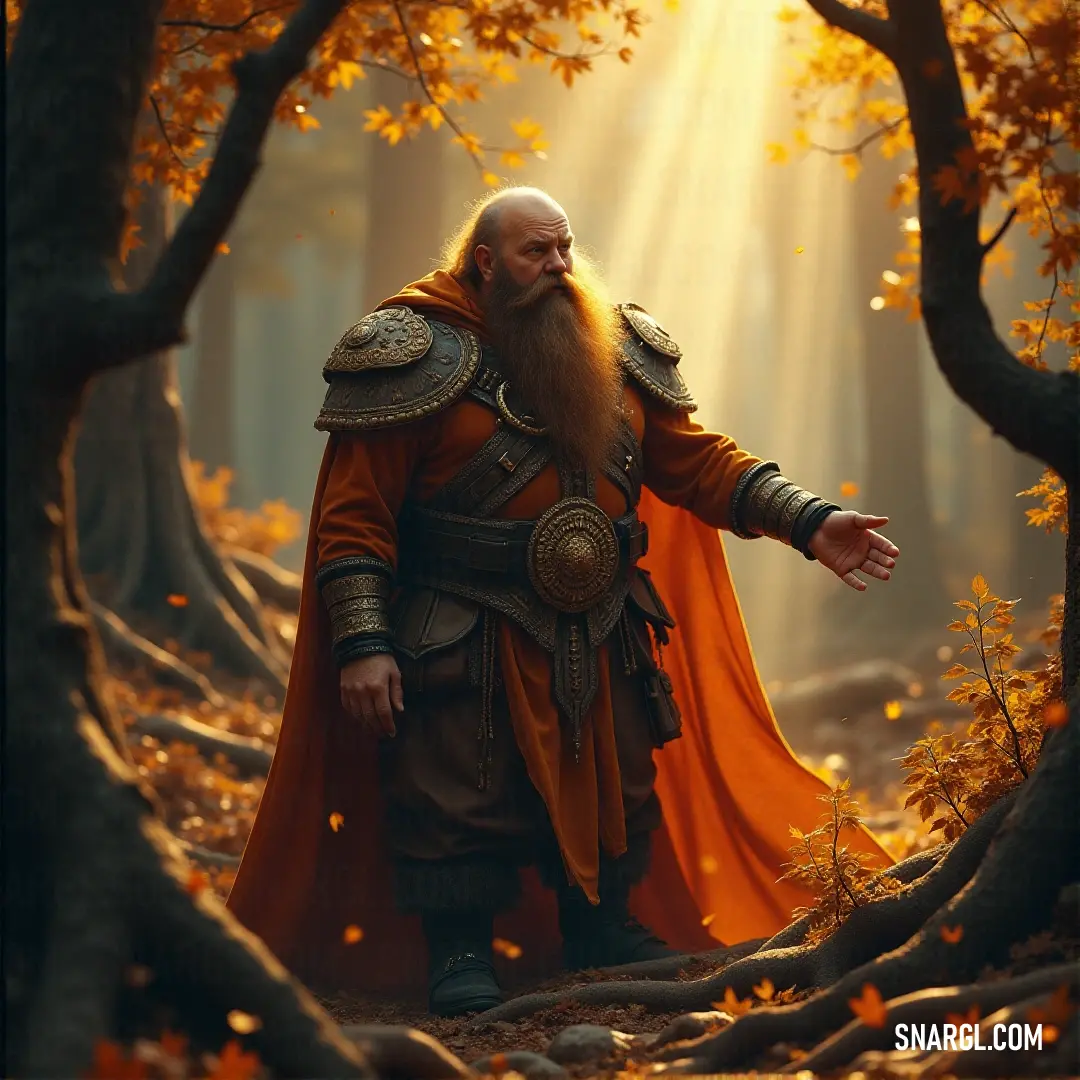 Magni Bronzebeard, his yellow outfit shining brightly in contrast to the surrounding forest, stands tall with his thick beard flowing in the breeze. His unwavering stance commands respect, ready to face whatever lies ahead in the depths of the wilderness.