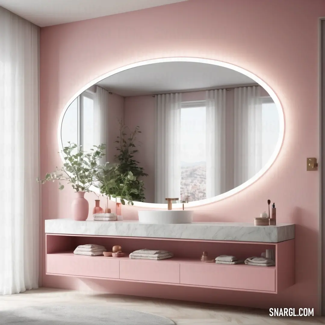 Bathroom with a pink wall and a round mirror above the sink and a plant in a vase on the counter. Color CMYK 3,4,0,0.