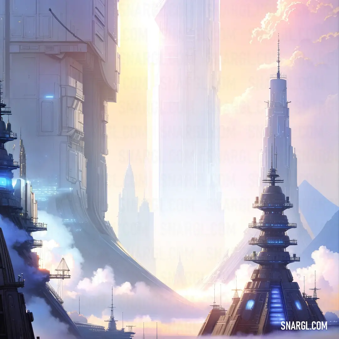 Futuristic city with a sky background and clouds in the foreground