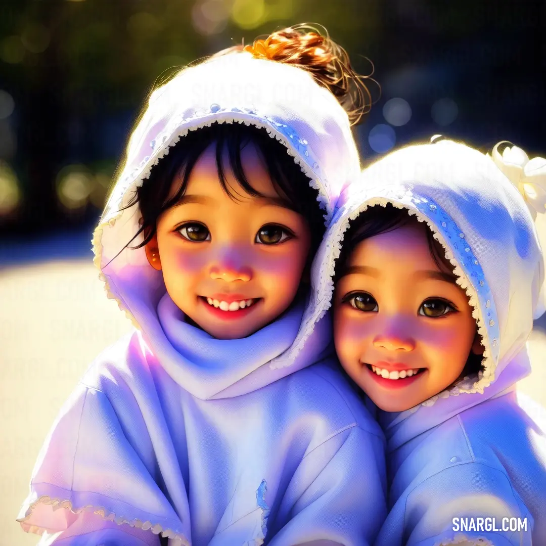 Two little girls dressed in white posing for a picture together in the snow with their arms around each other