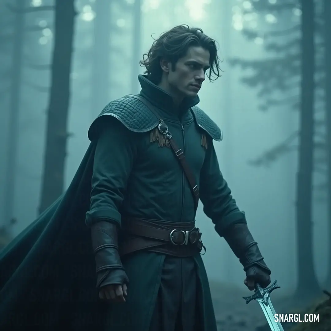 A valiant figure in green wields a sword in a mystical fog-draped forest. A valorous warrior clad in vivid green, brandishing a sword, stands amidst a mystical forest shrouded in fog, where ancient trees stretch toward the heavens, evoking a sense of adventure and untold stories hidden within the mist.