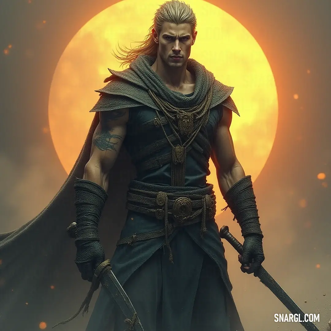 A bold warrior wielding two swords stands triumphantly beneath a glorious sun and full moon. A bold figure dressed as a warrior, brandishing two gleaming swords, stands strikingly against a backdrop of a radiant sun and majestic full moon, embodying strength and courage, underlining the epic journey ahead.