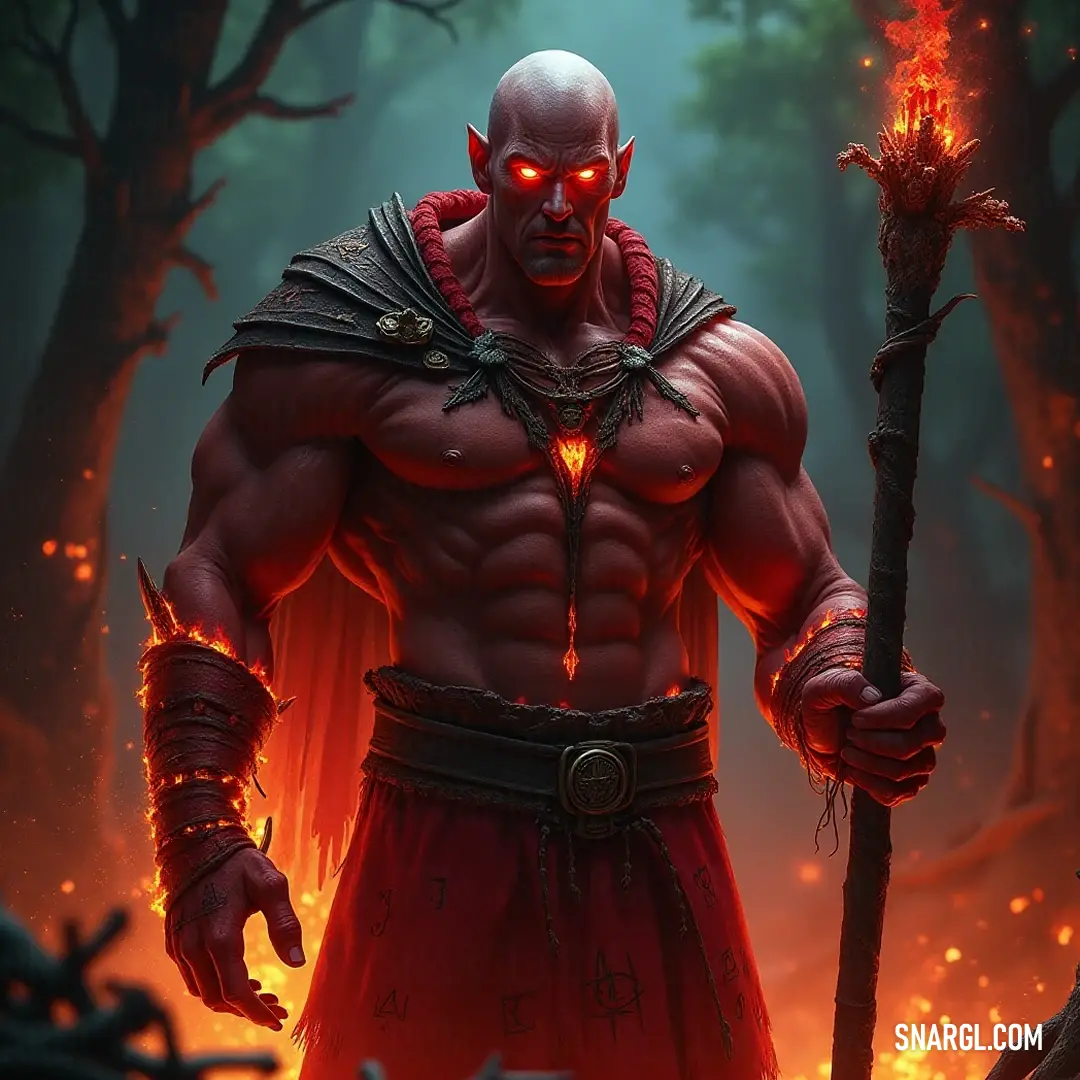 A sinister being wielding a staff in a fiery enchanted forest. A demonic figure towers over a fiery forest, clutching a staff adorned with ancient symbols, while flames flicker around, casting haunting shadows on the gnarled trees in this otherworldly setting.