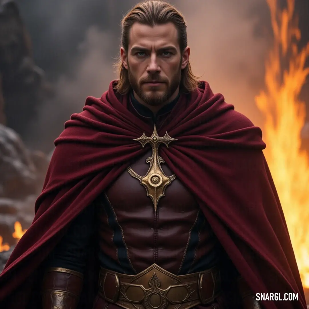 An imposing figure clad in a vibrant red cape stands defiantly before a raging fire, embodying strength and charisma in a captivating display of light and shadow. A regal figure draped in a stunning red cape stands proud against a backdrop of fierce flames, exuding an aura of authority and power. The crackling fire frames him, highlighting the intensity of this commanding moment.
