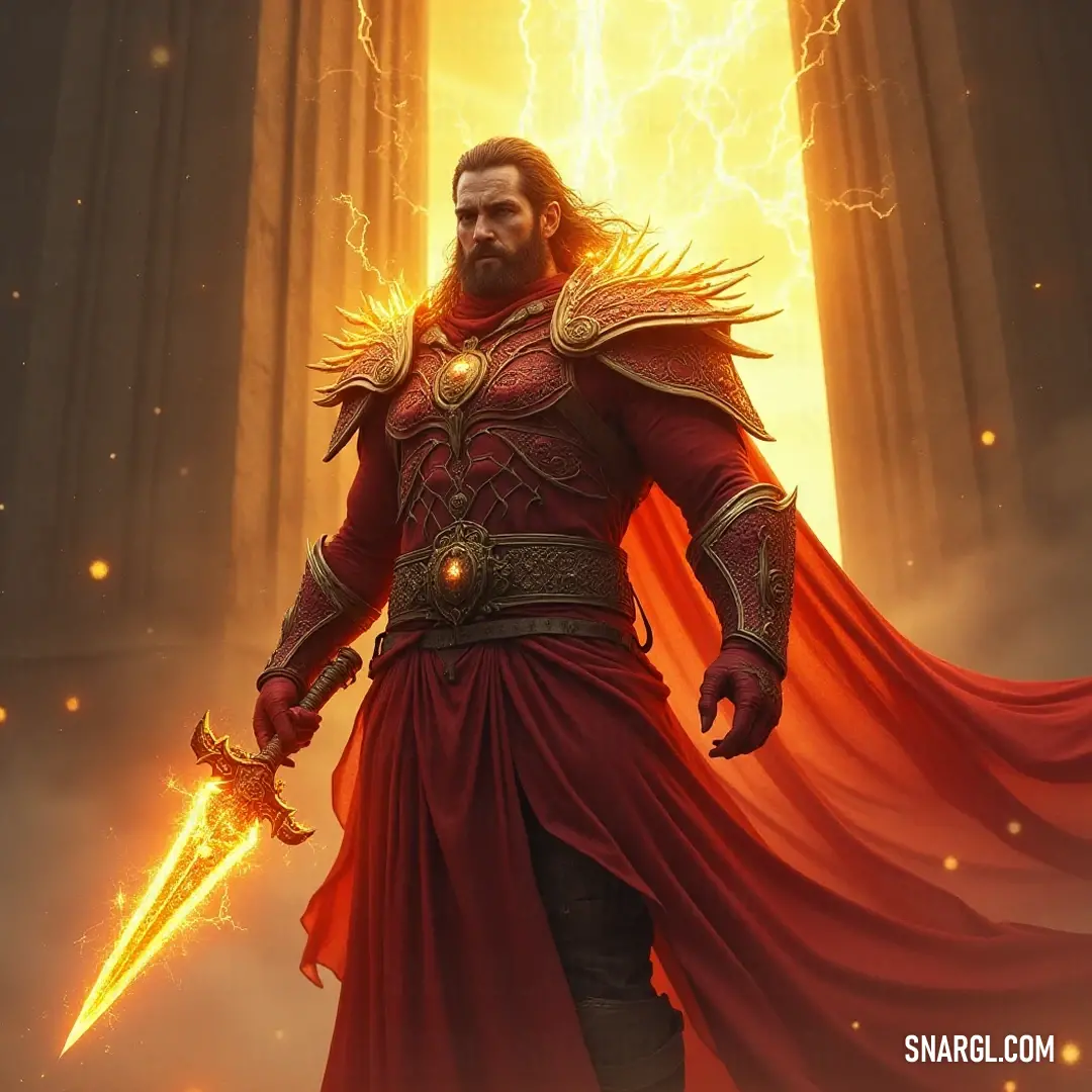 A mighty warrior in red armor brandishes a sword against a backdrop of dramatic lightning and a towering column, evoking a sense of strength and magic. A powerful figure clad in vibrant red armor stands boldly with a sword raised, lightning crackling in the dark stormy sky behind them. A strong marble column looms in the background, hinting at an ancient and mystical environment.