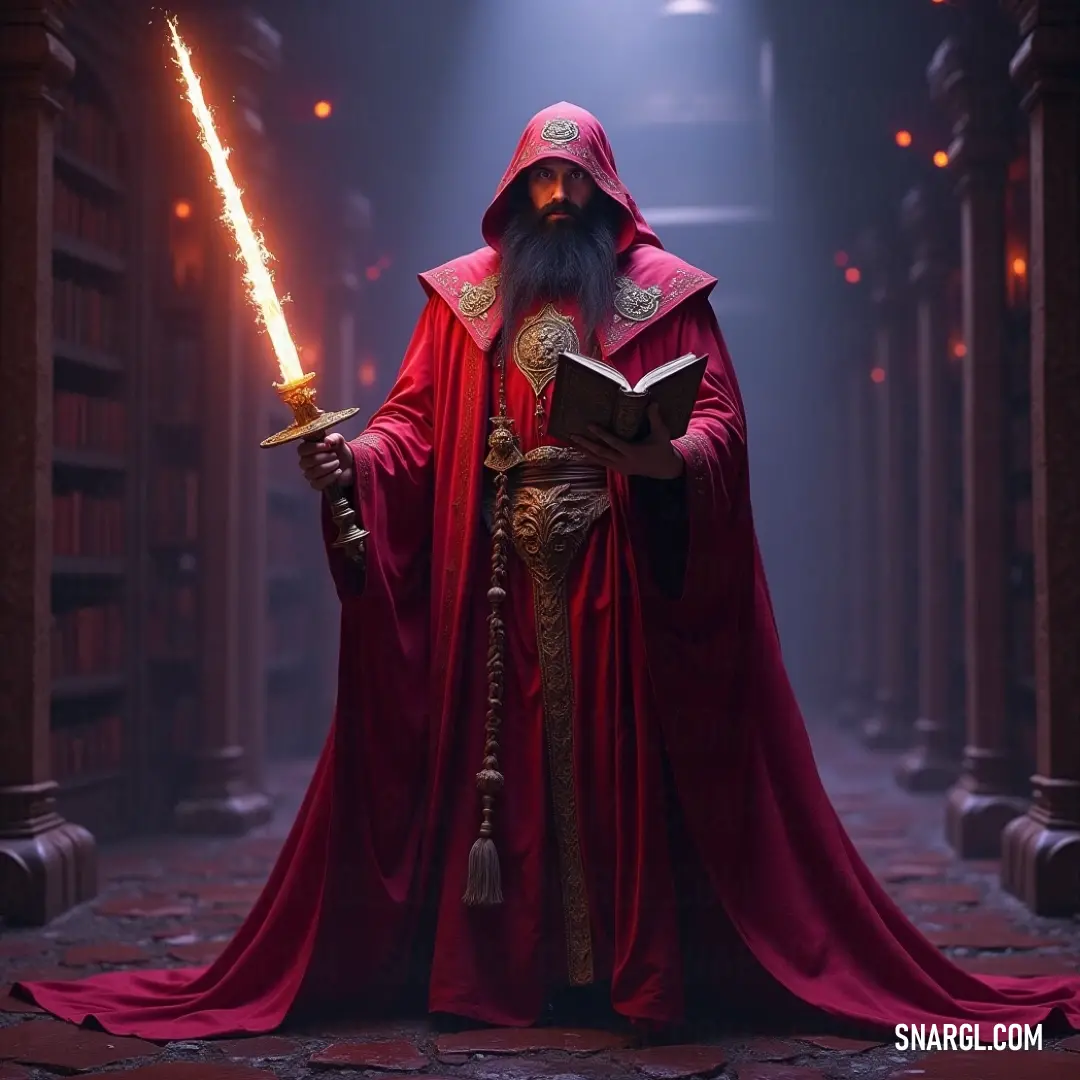 A formidable wizard, draped in a long red robe, stands confidently, a sword in one hand and an ancient book in the other, symbolizing the blend of wisdom and power he wields. A powerful wizard shrouded in a long, flowing red robe stands with a commanding presence, clutching a book in one hand and a sword in the other, merging knowledge and might in his poised stance.