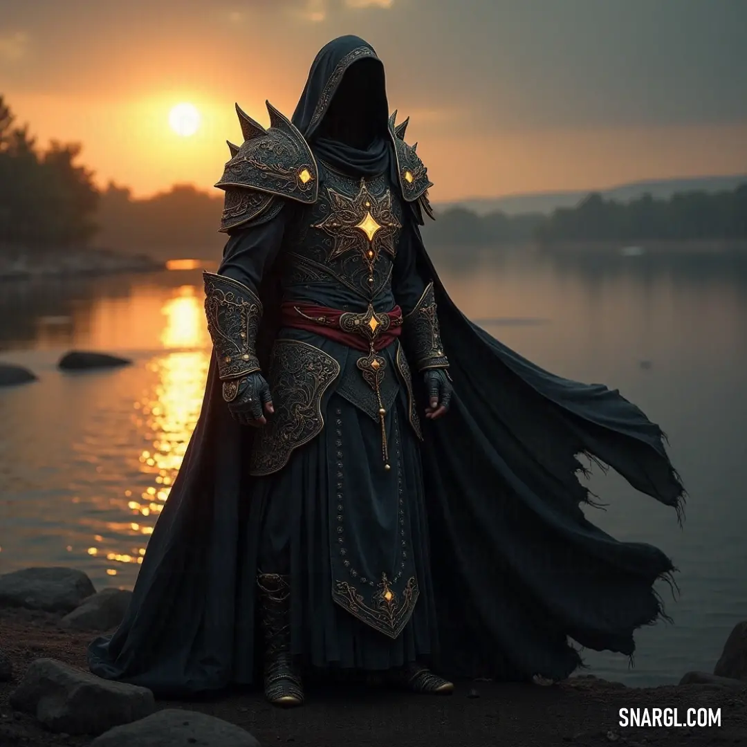 A dark knight figure stands on a sunset beach, cloaked in mystery and strength. A noble figure cloaked in dark knight attire stands at the edge of a wild beach, where the sun sinks below the horizon, casting a golden glow, accompanied by a flowing cape and a hood that accentuates an air of mystery and power.