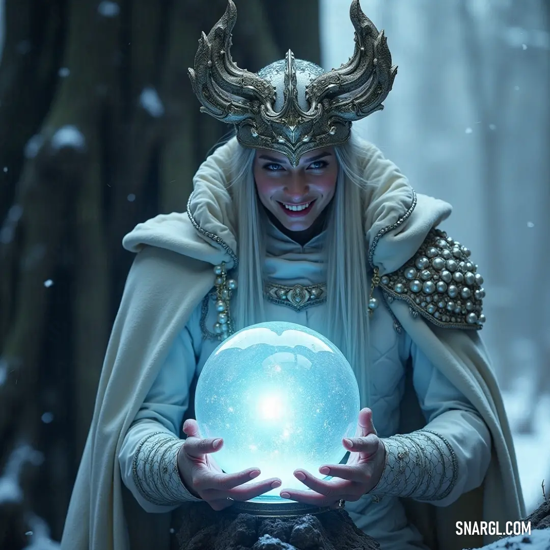 A mystical mage holding a crystal ball in a snowy setting, draped in magical attire. A mysterious mage, adorned in an elaborate costume, cradles a shimmering crystal ball in his hands while snowflakes gently fall around him, his horned headdress casting an air of otherworldly intrigue amidst the frosty environment.