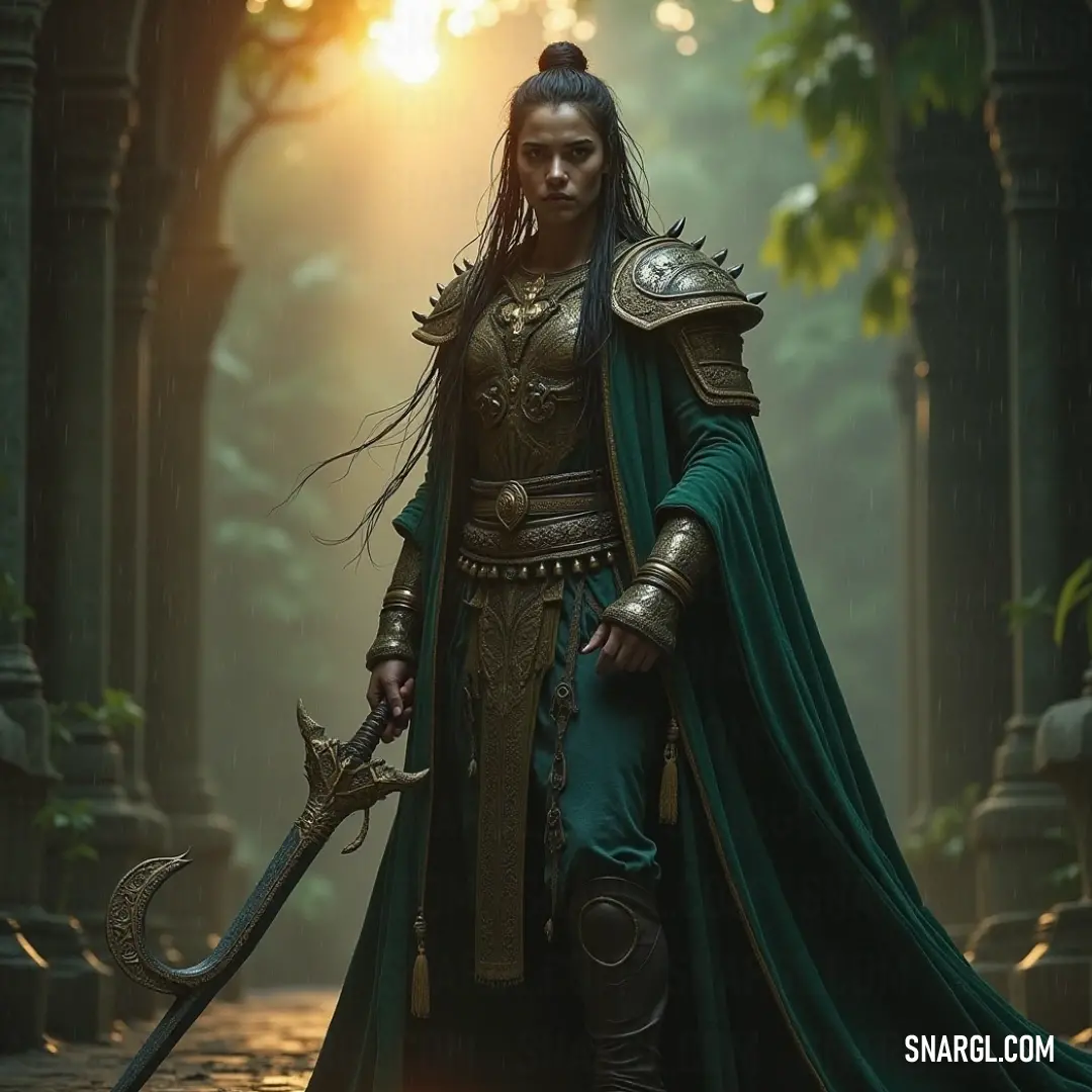 Warrior in Green: A Bold Figure Amidst Enchanted Trees A fierce warrior draped in a lush green gown stands tall amidst towering trees, grasping a gleaming sword in her hand, embodying strength and nature's elegance in the heart of a serene forest.
