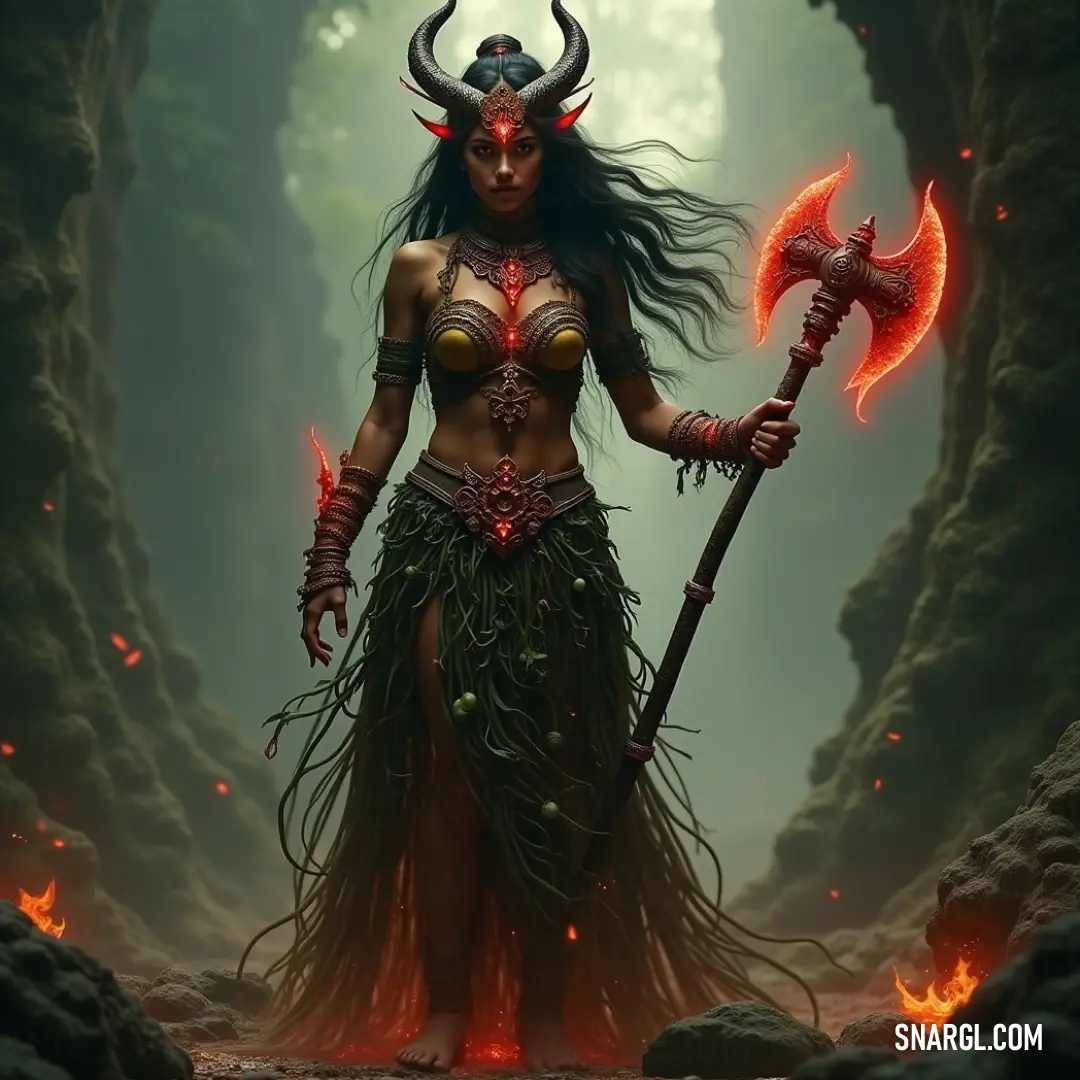 A horned figure brandishing a red axula in a fiery cave setting. An enigmatic figure with a horned head stands confidently within a rocky cave, gripping a striking red axula, surrounded by dancing flames that flicker and cast a warm glow across the rugged terrain.