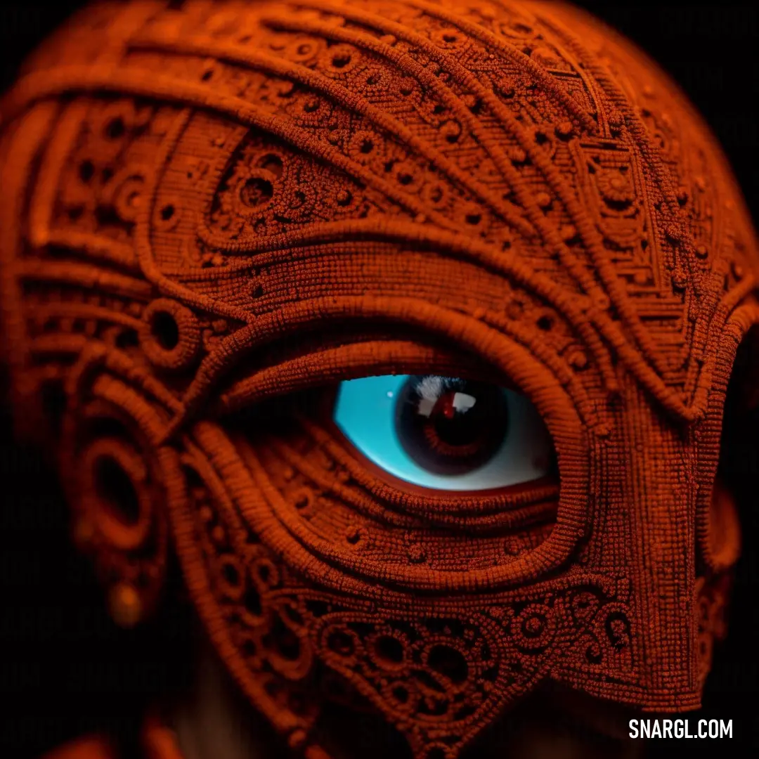 Close up of a person's face with a blue eye and intricate lace on it's face