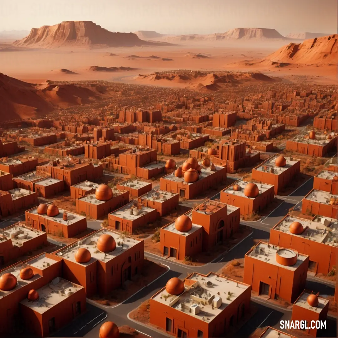 Desert town with a mountain in the background. Color CMYK 0,67,100,25.