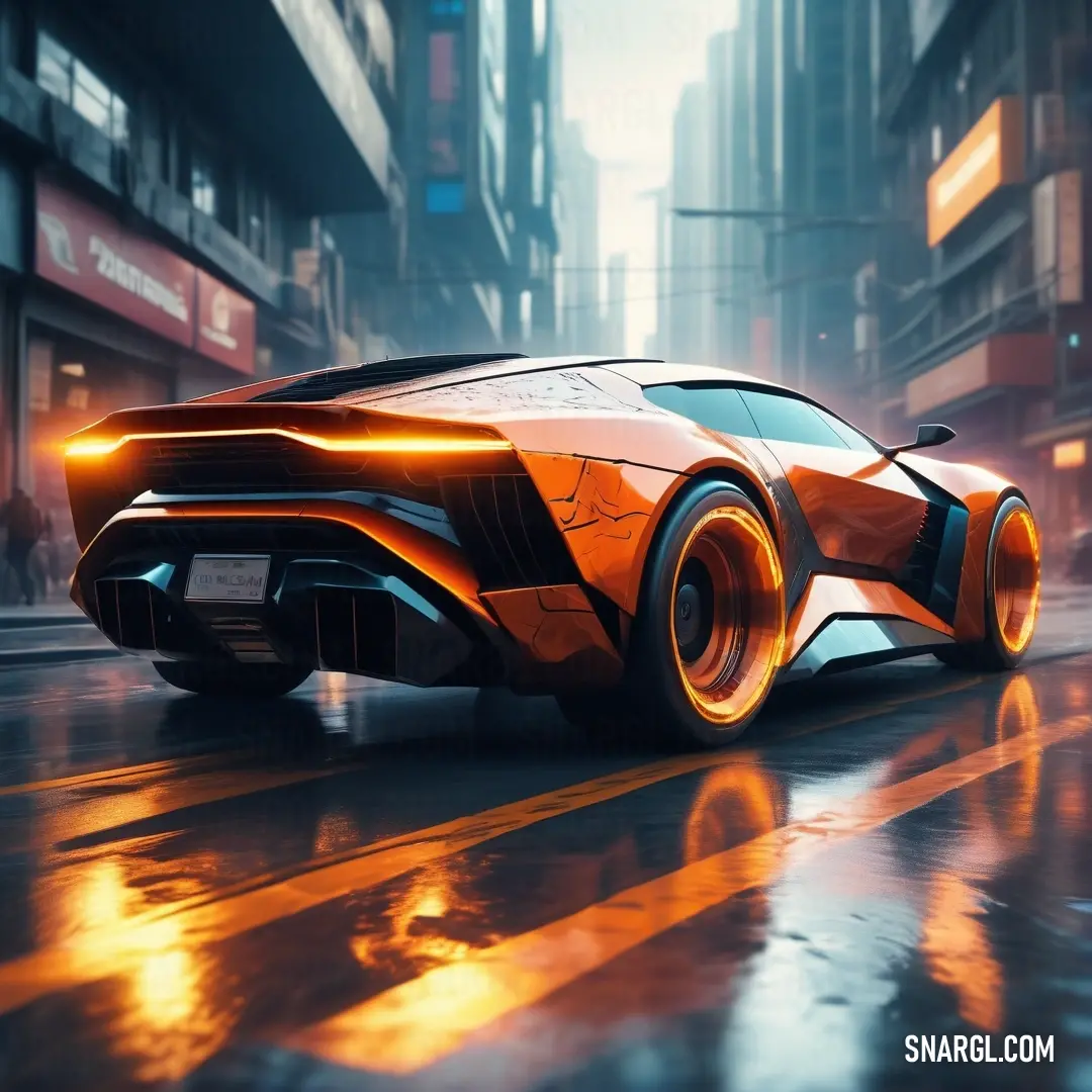 Futuristic car driving down a wet street in the rain in a city with tall buildings. Color Mahogany.
