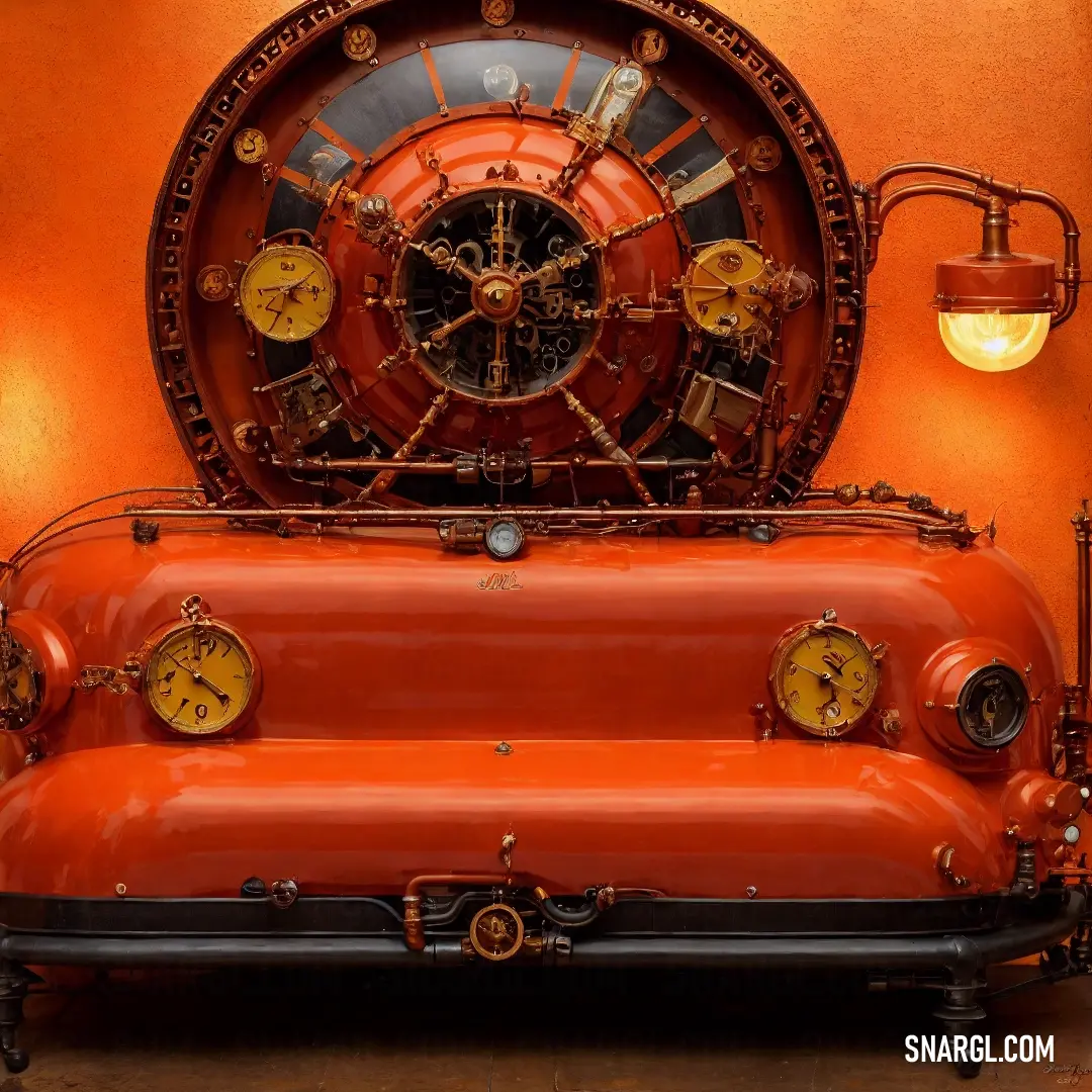 Large clock is on top of a couch in a room with orange walls and a light on the side