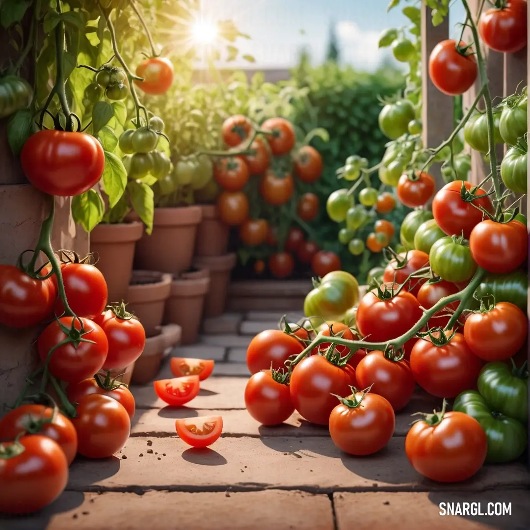Bunch of tomatoes are growing in a greenhouse with the sun shining through the tomatoes on the vine and the leaves