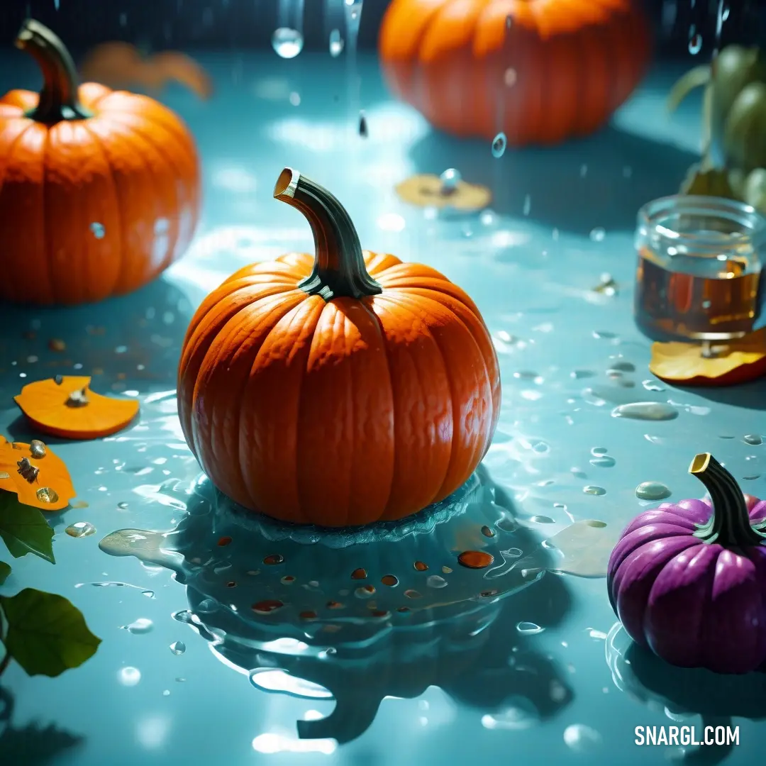 Group of pumpkins on top of a table next to a glass of water and a jar of honey. Color RGB 192,64,0.