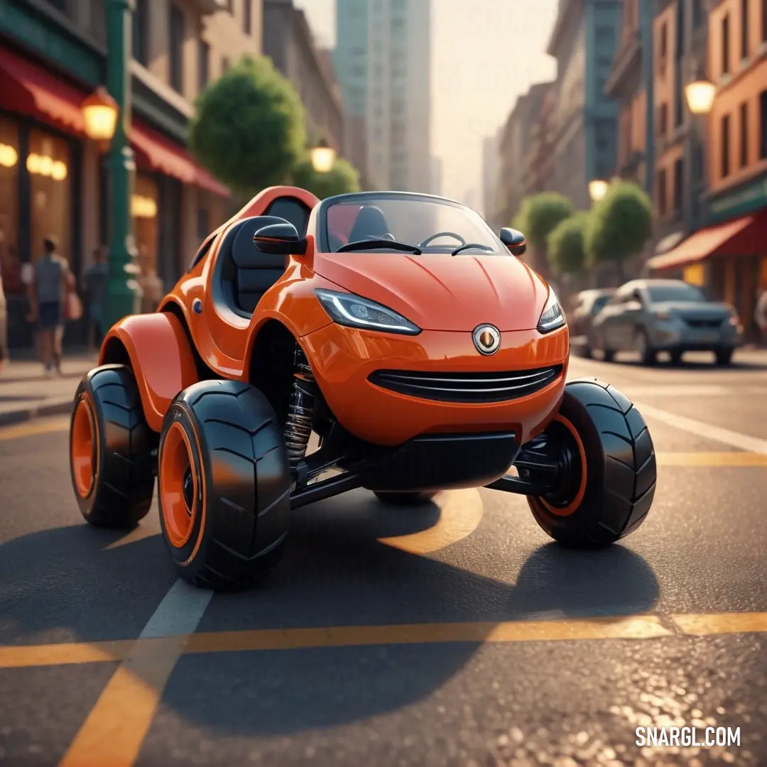 Small orange car driving down a street next to tall buildings and a sidewalk with cars on it and people walking on the sidewalk