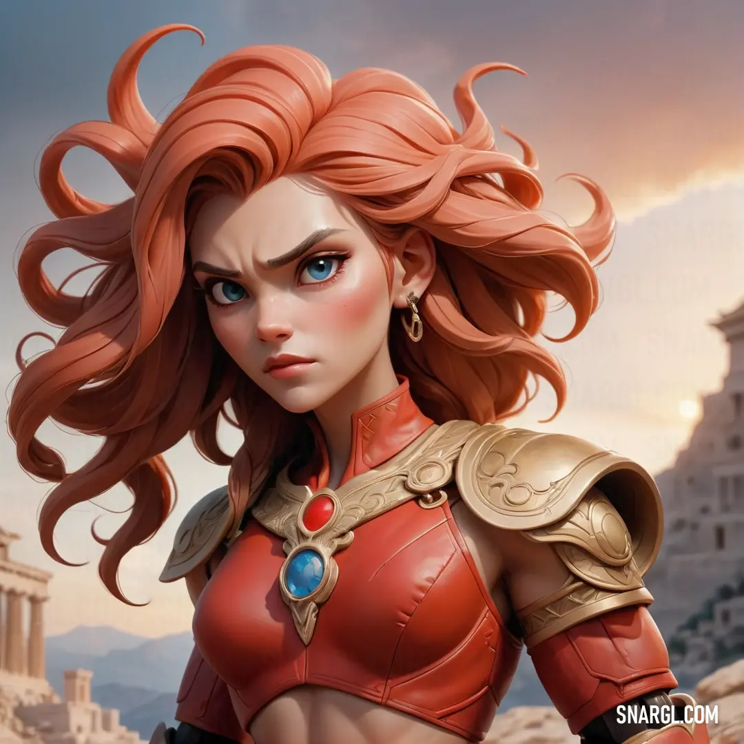 Woman with red hair and a red top is standing in front of a castle. Example of #C04000 color.