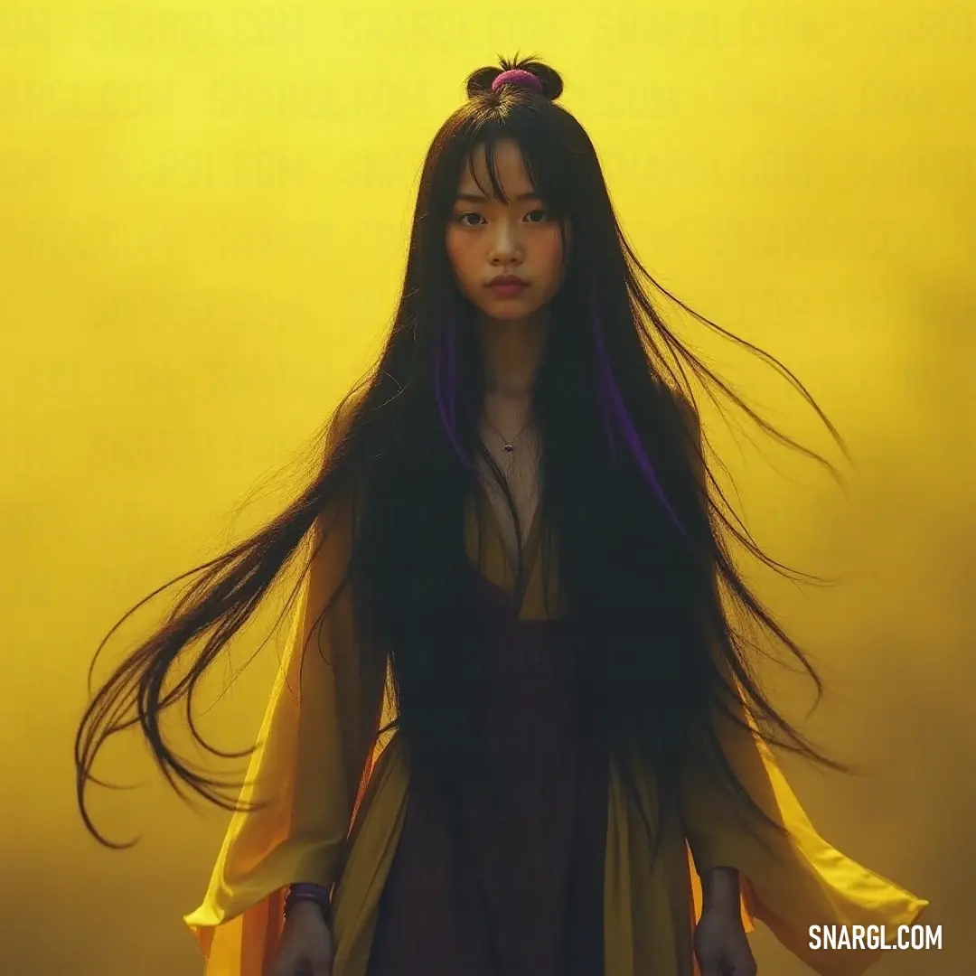 A woman with long, flowing hair stands gracefully against a vibrant yellow backdrop, embodying a sense of confidence and warmth, her pose exuding elegance and her expression reflecting a serene connection with the color surrounding her.