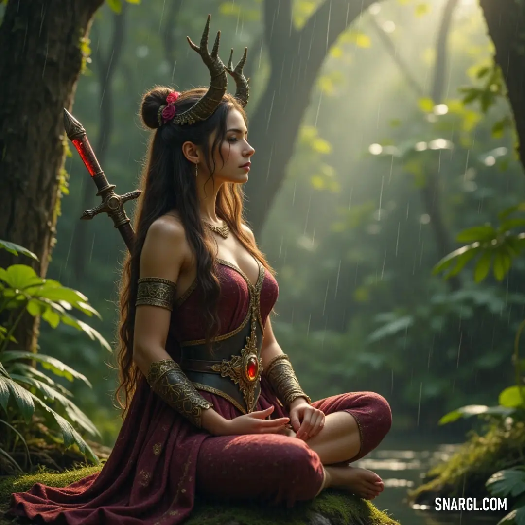 An enchanting portrayal of a figure in a crimson dress, poised on a rocky perch, harmonizing with the serene woods around her while her horns symbolize a deep connection with the natural world. A striking character draped in a bold red dress stands poised on a rock amidst a serene woodland, horns sprouting from her head as she blends gracefully into the forest's tranquil beauty.