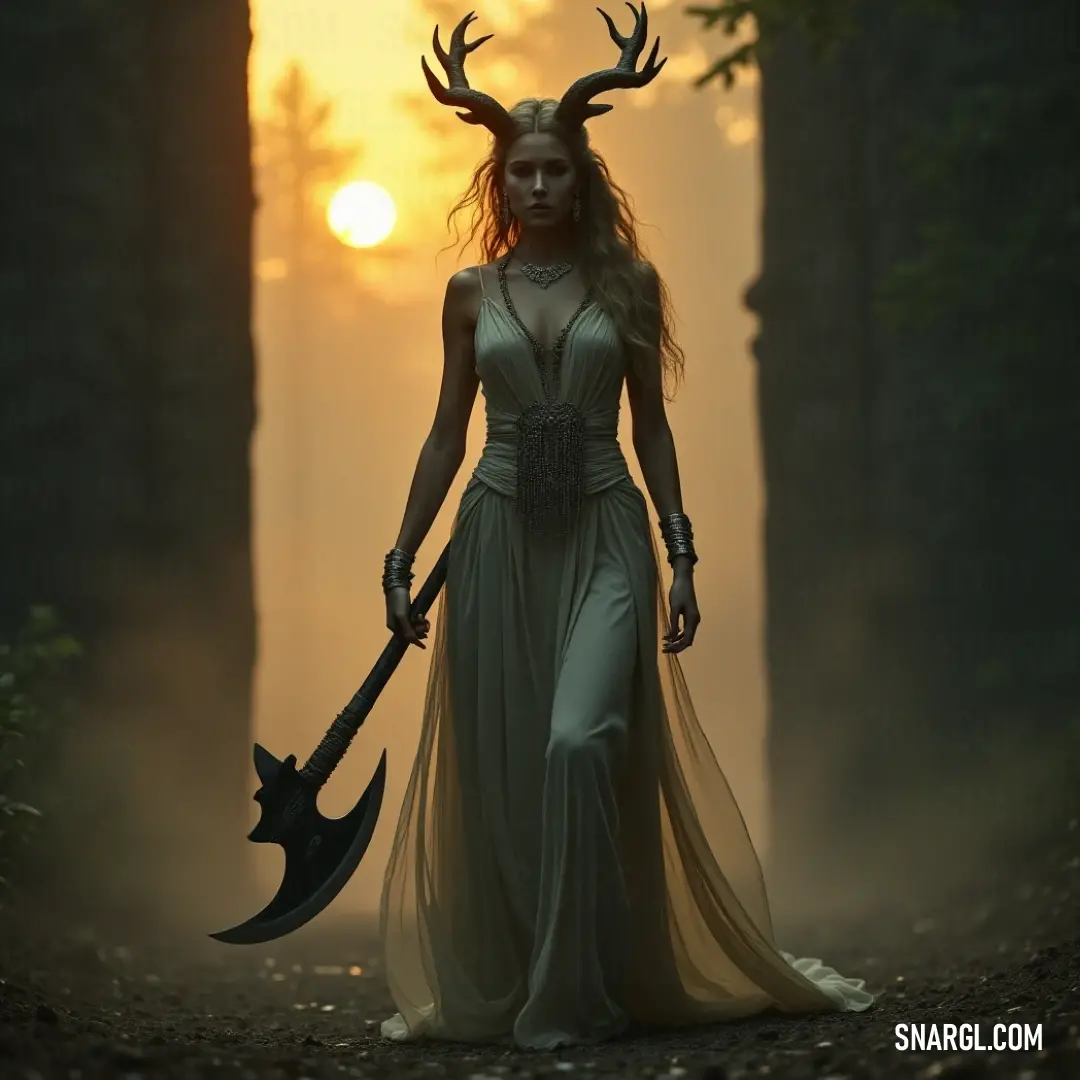 An impressive illustration of a valiant figure clutching a horned head and an imposing axe, standing amid the glowing sunset in a serene forest. A powerful representation of a figure in an elegant dress, bravely holding a large horned head and a fearsome axe. Set against a breathtaking sunset in a forest, the warm hues of the sky create a dramatic backdrop of strength and beauty.