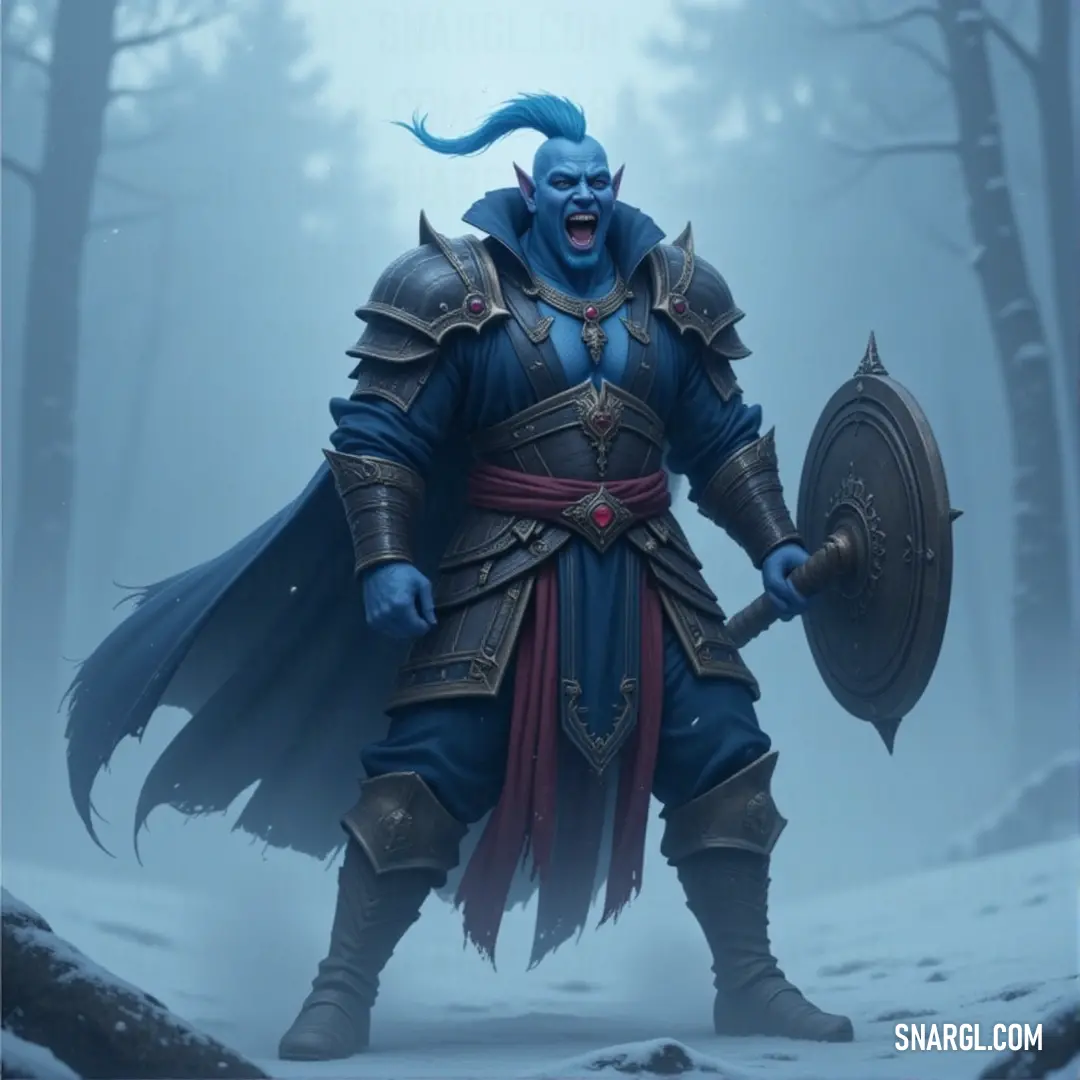 Blue Maimun with a blue beard and hair stands in a snowy forest, holding a sword and shield, prepared for whatever challenge comes next. Blue Maimun, with a deep blue beard and hair, stands proudly in a snowy forest, wielding a shield and sword. His intense gaze pierces through the winter landscape, ready to defend against any threat that emerges from the frosty expanse around him.