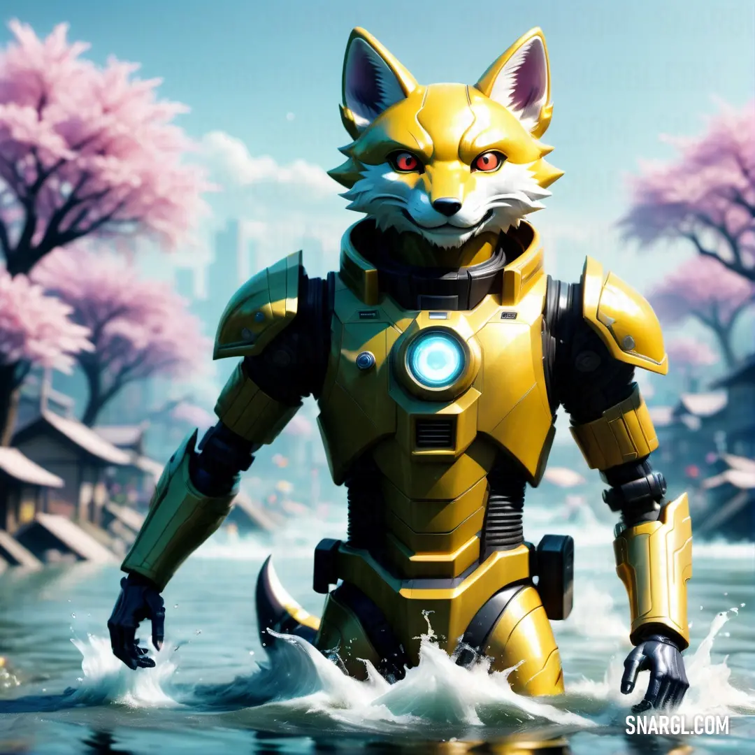 Fox in a suit standing in a body of water with trees in the background. Example of RGB 251,236,93 color.