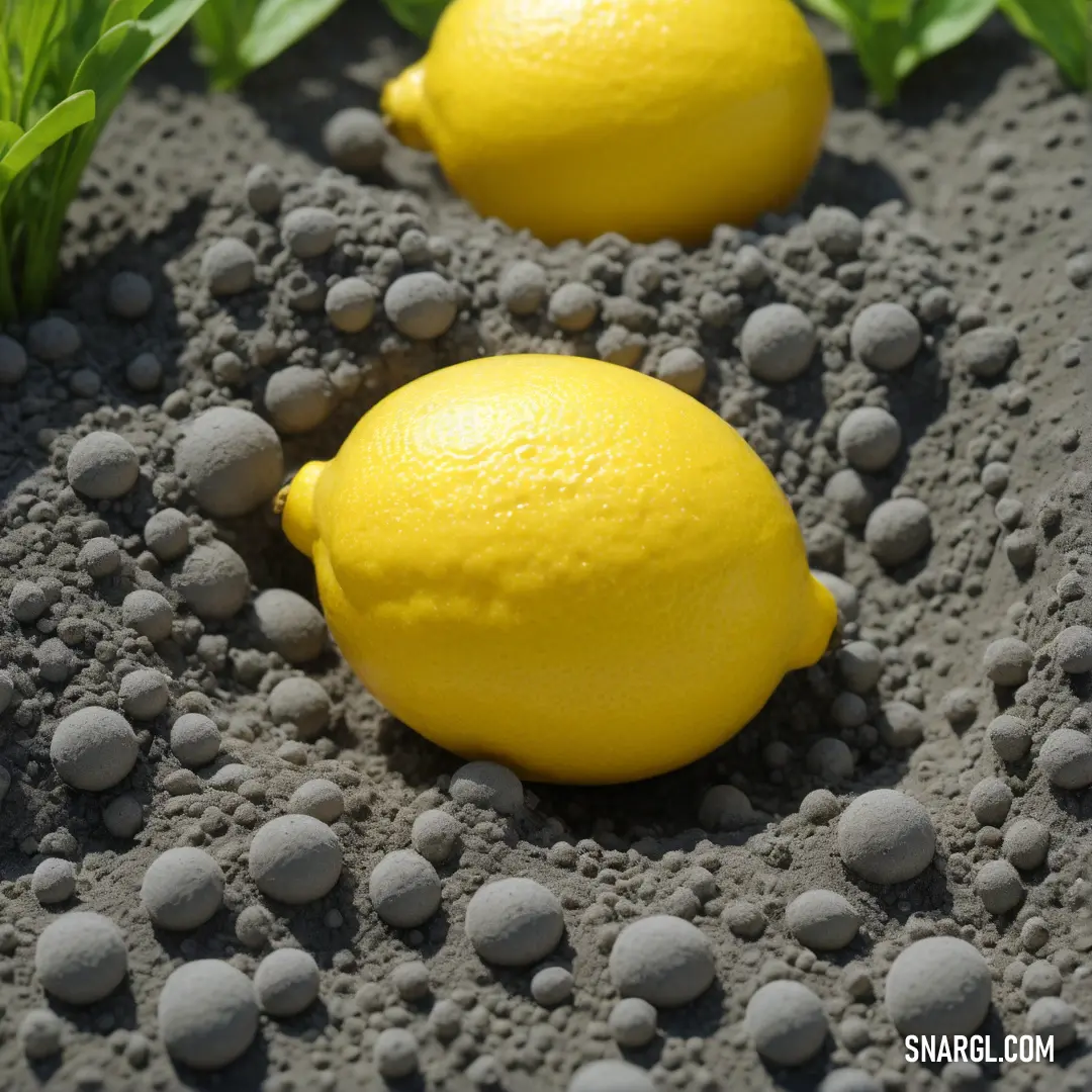 Lemon and two lemons on a rock garden path with grass and rocks around them. Example of #FBEC5D color.