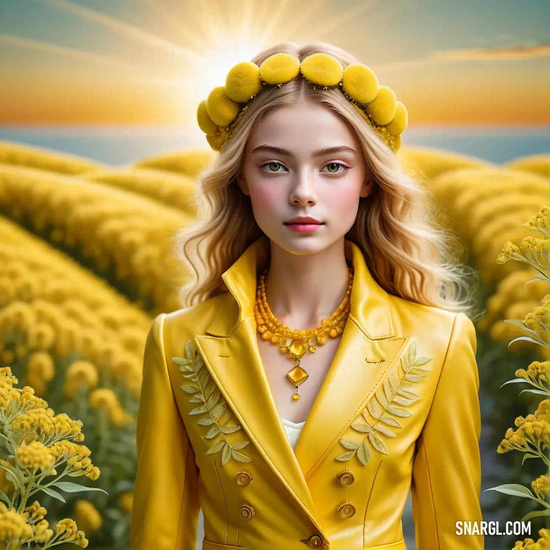 Painting of a woman in a yellow suit in a field of flowers with a sun shining behind her. Color RGB 251,236,93.