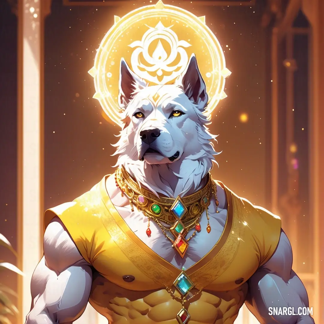 White wolf wearing a gold outfit and a golden necklace with jewels on it's neck and a golden medallion around its neck
