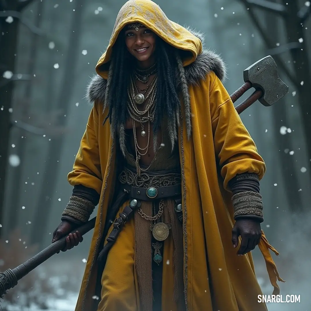 Amidst a wintry expanse, a fierce warrior dressed in striking yellow brandishes a large axe, a testament to courage and endurance as they navigate the frozen terrain with determination. A valiant warrior clad in a bright yellow outfit stands resolute in a snowy landscape, gripping a towering axe, with a hooded coat lending an air of toughness against a backdrop of winter's chill.
