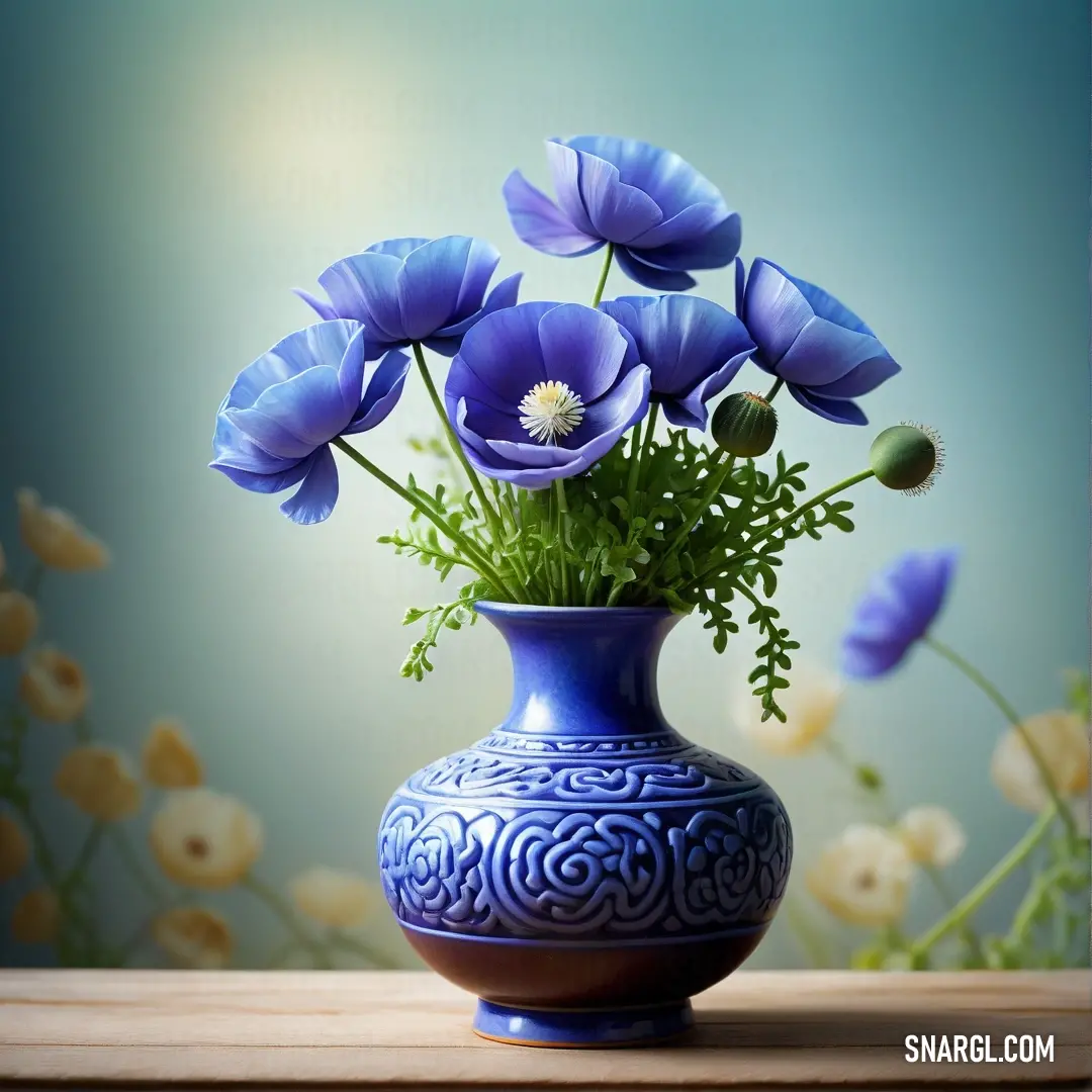 Blue vase with purple flowers in it on a table next to a wall with flowers in it and a blue background. Example of CMYK 56,64,0,14 color.