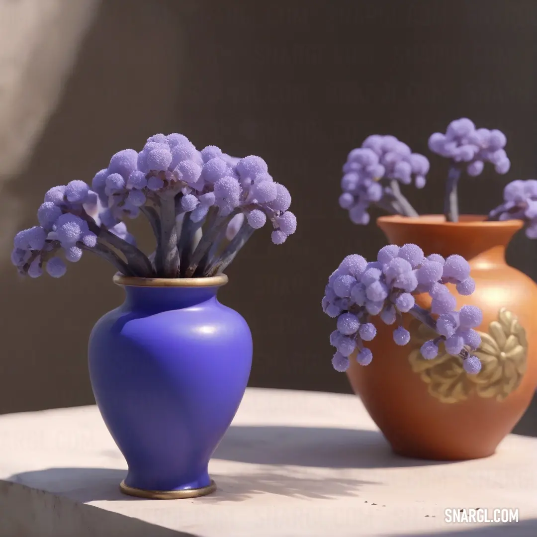 Couple of vases with flowers in them on a table top with a shadow of a wall behind them. Example of #6050DC color.