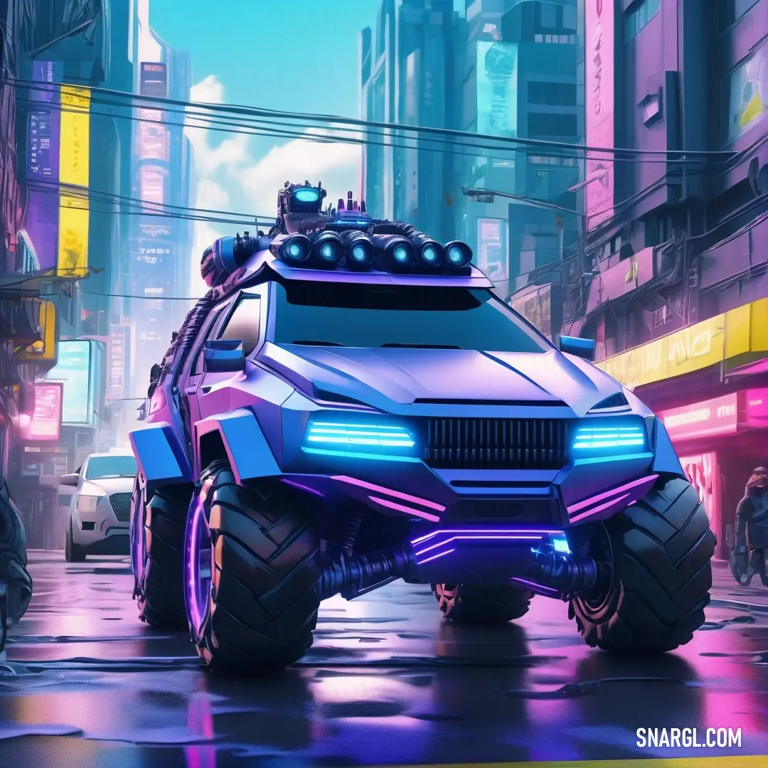 Futuristic car driving down a city street in the rain with neon lights on it's roof and a man standing next to it