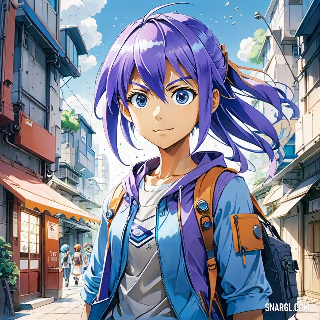 Girl with purple hair and a backpack on a city street with buildings in the background. Example of Majorelle Blue color.