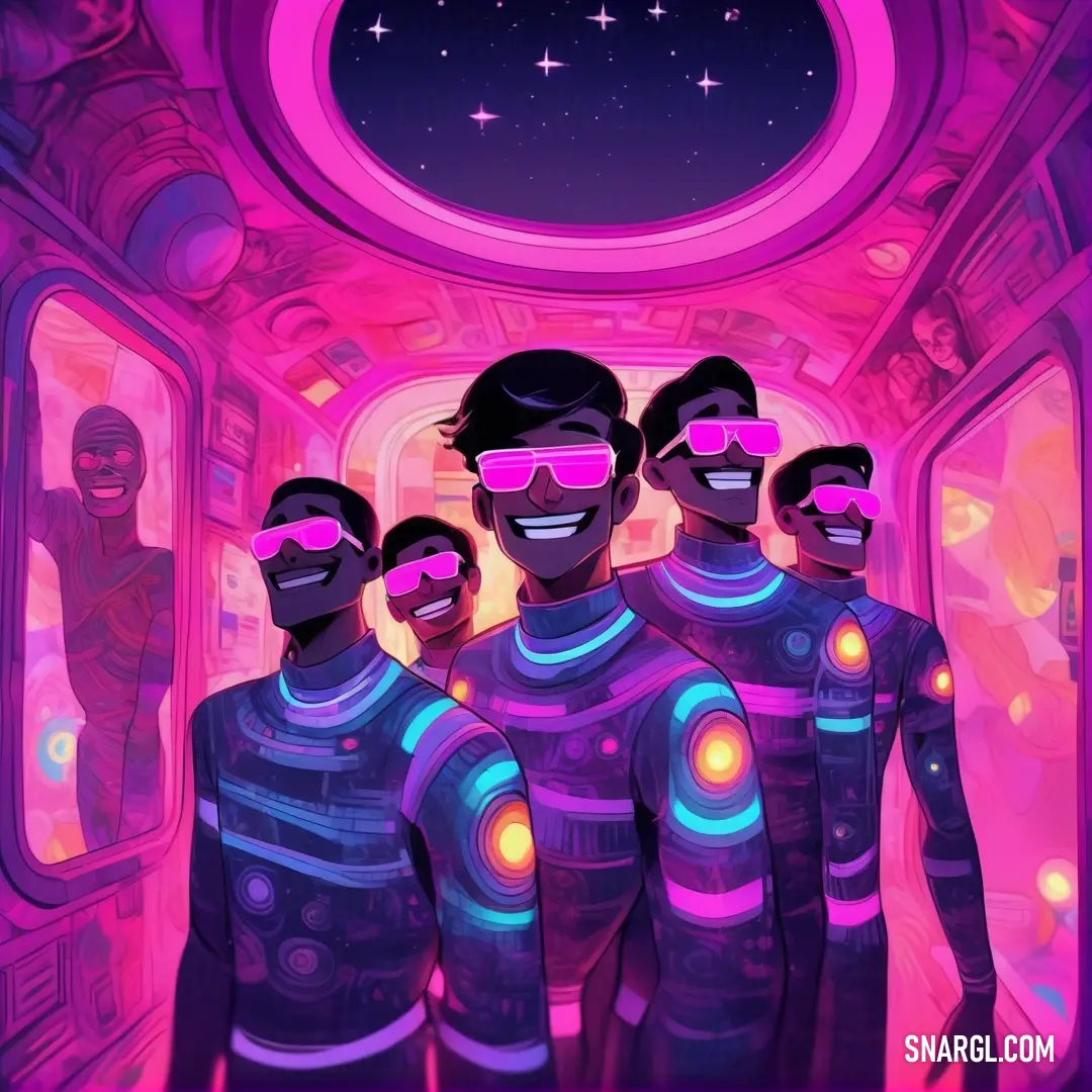 Group of men in futuristic garb standing in a room with a pink light on the ceiling and a star filled sky. Example of CMYK 56,64,0,14 color.