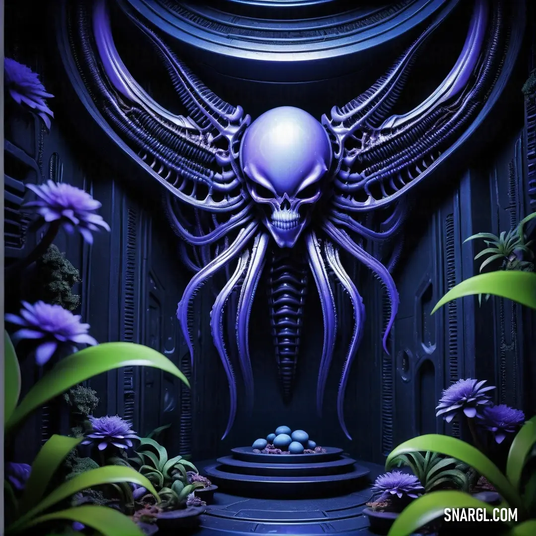 Strange alien is in a purple room with flowers and plants around it and a blue light shining on the wall. Color #6050DC.