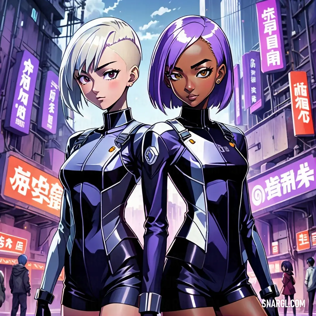 Two women in futuristic outfits standing in a city street with buildings and signs in the background. Color RGB 96,80,220.