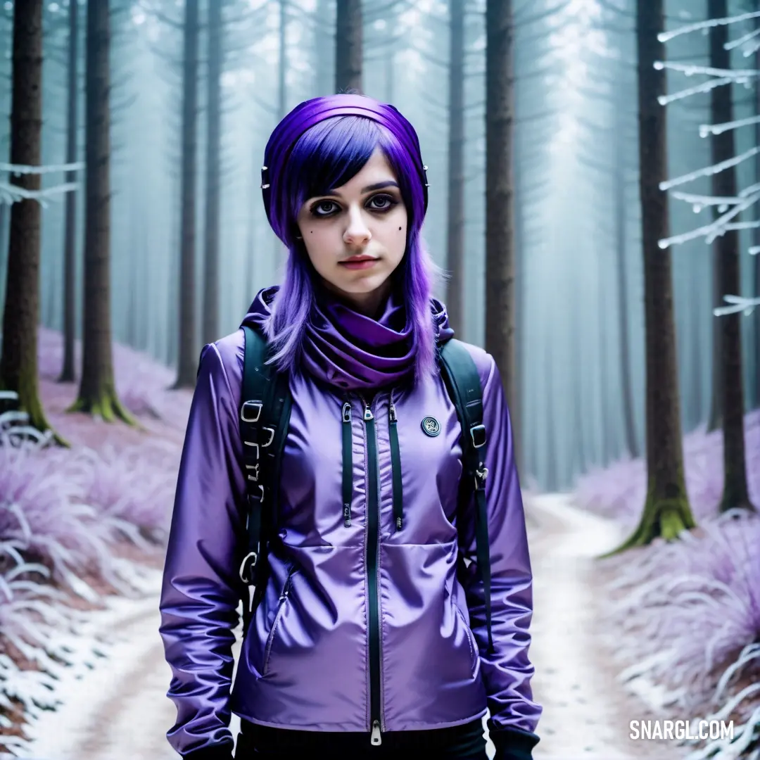 Woman with purple hair and a backpack in a forest with purple grass and trees in the background